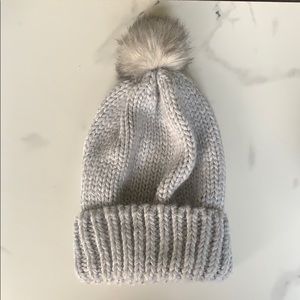 Gray Knit Beanie with Pom Pom